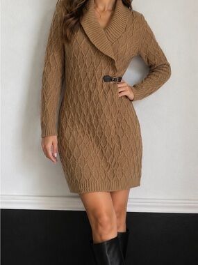 Calvin Klein Camel Cable-Knit Shawl-Collar Mini Dress